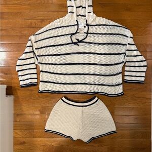 Offline by Aerie Striped Knit Crochet Hoodie and Shorts Set Cream Navy XL L